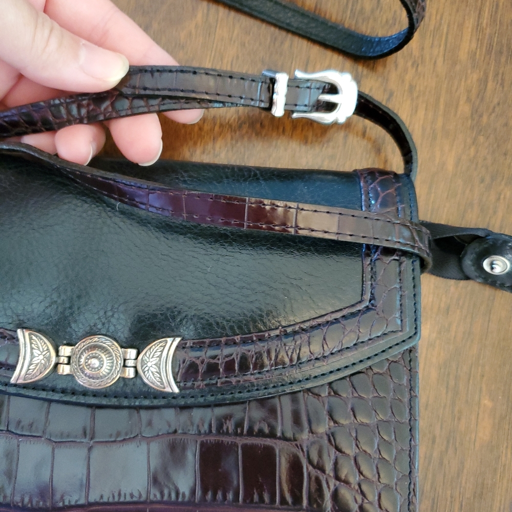Sold! BRIGHTON Black Leather w/Brown Croc Mini Purse Crossbody Organizer Handbag - Picture 3 of 10